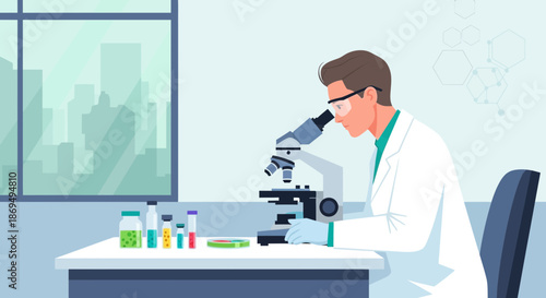 Scientist using microscope in a laboratory for medical research and diagnostics studies for