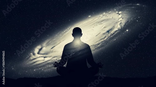 Meditating Person Silhouette Against a Cosmic Galaxy Background.