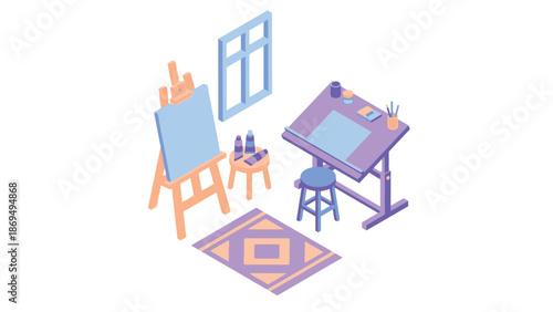 Art studio setup with easel and drafting table.