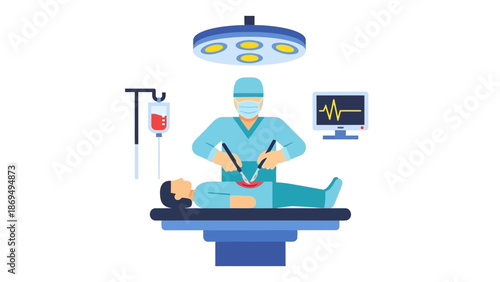 Surgeon Performing Operation on Patient with Medical Equipment in Operating Room
