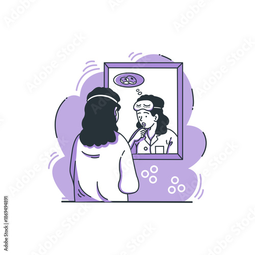 Morning self care routine and daily preparation in front of mirror in flat outline illustration style