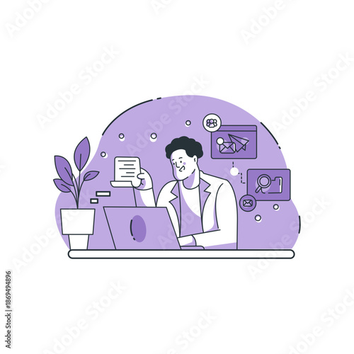 Person studying at desk at home with books and laptop in flat outline illustration style