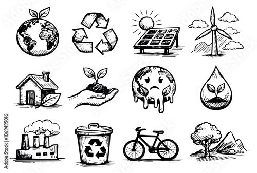 Hand drawn line art ecology icons set featuring planet earth, renewable energy, and environmental pollution elements for sustainability concepts