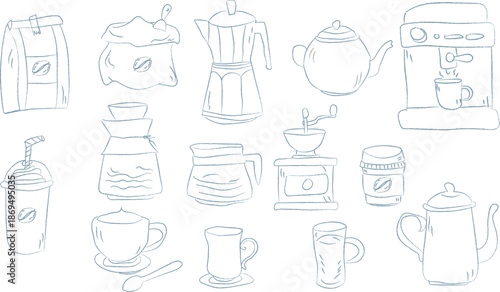 Hand Drawn Coffee and Tea Equipment Sketch Set with Brewing Tools and Cups Illustration. Transporent backgound, PNG format