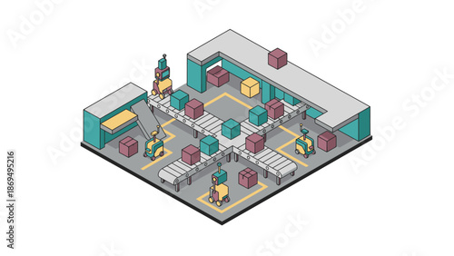 Automated Factory Production Line with Robotic Arms and Conveyor Belts.