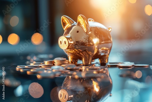 Shiny golden piggy bank surrounded by scattered coins on reflective surface with warm sunlight creating bright and hopeful atmosphere for saving money and financial growth
