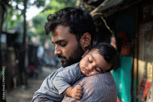 Father tenderly carrying his sleeping child on his shoulder in outdoor setting, capturing peaceful and loving moment between parent and baby