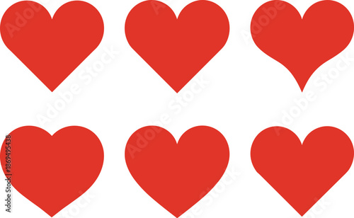 Six red hearts arranged in two rows on white background