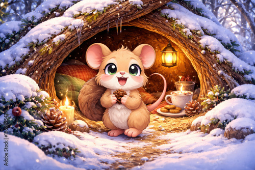 illustration of a cartoon mouse in a cozy mink in the middle of the forest