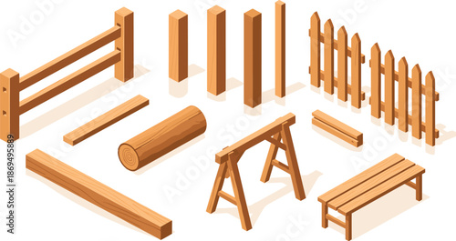 Isometric wooden lumber set, timber logs and planks, garden fence and bench, construction materials, cad drawing flat vector illustration, isolated.