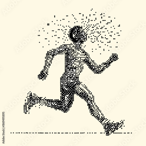 A pixelated illustration of a man running with a dynamic and explosive motion vector illustration