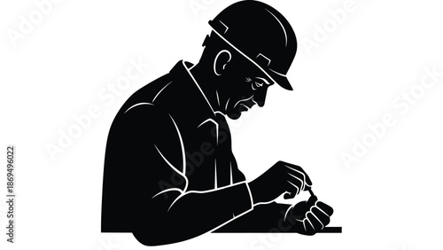 Silhouette of a focused construction worker wearing a hard hat intently examining a small object