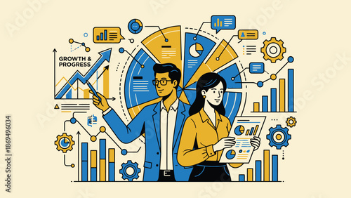 Business analytics team analyzing financial growth and progress charts.