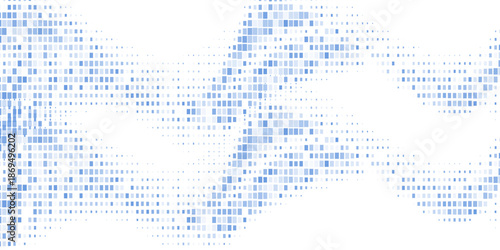 Abstract dotted wave by blue squares. Wide vector graphic pattern