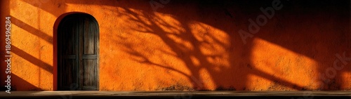 Vibrant orange wall, dark door, dramatic shadows from sun and tree. Evokes warmth and mystery, perfect for rustic travel or cultural themes.