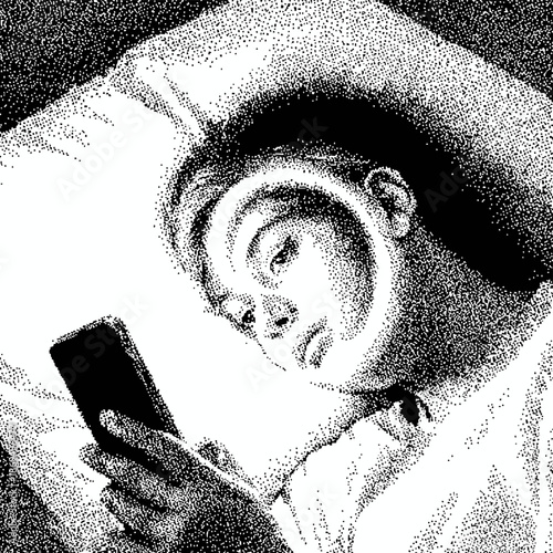 A man with a shocked expression lying on a bed looking at his smartphone with a stippled effect vector illustration