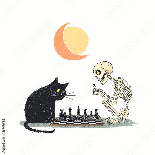A black cat and a skeleton play chess under a crescent moon and full moon vector illustration