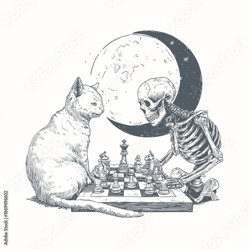 A skeleton and a cat are intently focused on a game of chess under the light of a full moon vector illustration