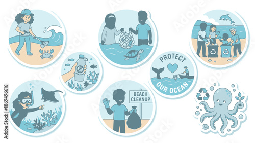 Children cleaning up beach and ocean pollution with marine life.