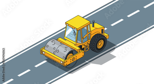 Yellow road roller compactor vehicle working on asphalt street pavement, isometric heavy machinery construction, cad drawing flat vector illustration collection