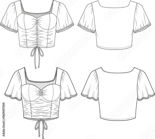 Women short sleeve cropped blouse with sweetheart neckline technical cad drawing flat vector illustration, front and back view, summer apparel design template