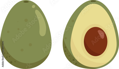 Flat vector illustration of a whole green avocado and a half with a brown pit. Minimalist design with simple organic shapes and soft textures on a white background.