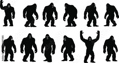 Bigfoot Sasquatch Silhouette Collection Set, Yeti Cryptid Mythical Creature Poses, CAD Drawing Flat Vector Illustration, Legendary Forest Monster Graphic Design Elements