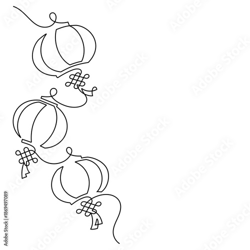 chinese new year paper lantern one line drawing continuous decorative corner element minimalism. chinese red lantern blowing in the wind vertical decorated greeting lunar new year