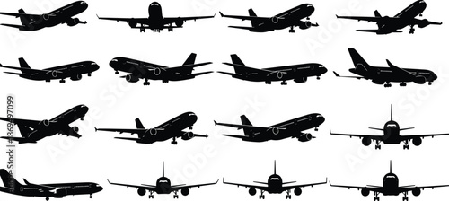 Black Airplane Silhouettes Collection, Commercial Jet Aircraft Set in Different Angles for Aviation Design, CAD Drawing Flat Vector Illustration, Travel