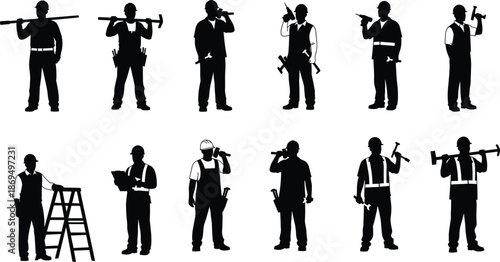 Black Construction Worker Silhouettes Collection, Professional Industrial Builders with Tools and Equipment, Site Engineering Staff, CAD Drawing Flat Vector Illustration