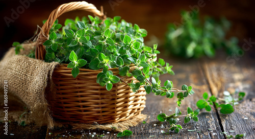 Fresh thyme herbs in a wicker basket on a rustic wooden table