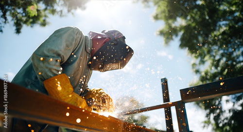 Professional welder working on metal structure outdoors with sparks flying