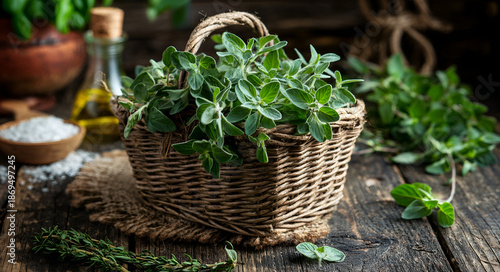 Fresh oregano in wicker basket on rustic wooden table with cooking ingredients