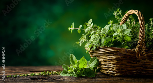 Fresh green mint leaves in a wicker basket on a wooden table