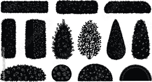 Black Garden Hedge and Shrub Silhouettes Collection, Professional Landscaping Bush Shapes for Garden Design