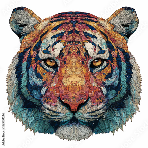 A colorful tiger head with intricate patterns and designs on its fur and face vector illustration