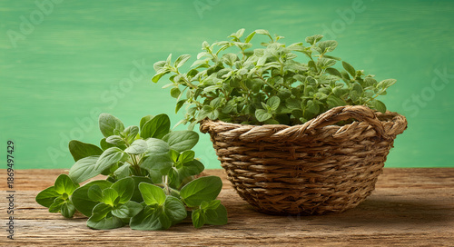 Fresh green oregano herbs in wicker basket on wooden table with green background