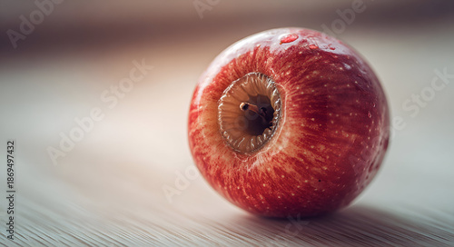 Fresh red apple with stem on wooden surface in soft natural light