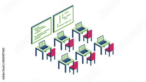 Computer Classroom Setup with Laptops and Whiteboards.