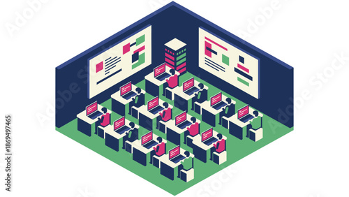 Computer classroom with students learning and screens displaying information.