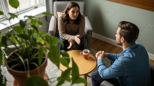 Couple having a serious conversation over coffee in a cozy living room.