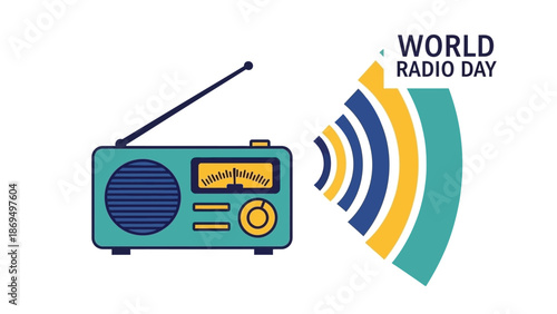 Modern blue and yellow radio receiver with an antenna and stylized radio waves, featuring 'WORLD RADIO DAY' text on an isolated white background.