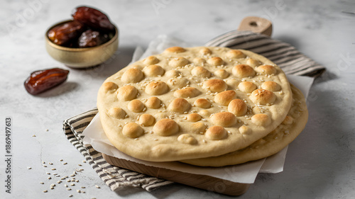 Freshly baked Lebanese garlic bread with sesame seeds on a rustic wooden board