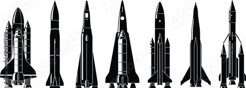 Black Rocket and Space Shuttle Silhouettes Collection, Aerospace Transport Vehicles Set, Science Exploration Elements,