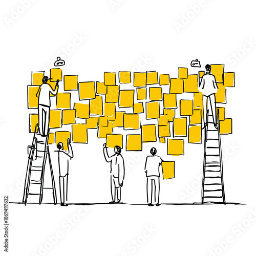 A group of people working together to organize and arrange sticky notes on a large wall vector illustration
