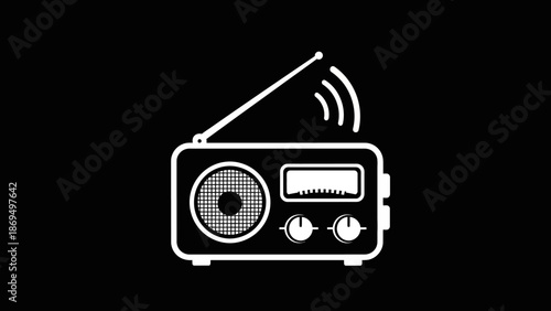 Retro radio receiver with antenna and broadcasting waves, depicted in a stylish white outline on an isolated black background, representing classic media.