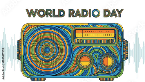 Colorful Retro Radio Receiver with Intricate Circular Patterns and World Radio Day Text Surrounded by Sound Waves on Bright Studio Background