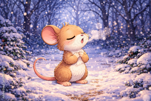 illustration of a cartoon mouse in the middle of a winter forest doing breathing exercises for relaxation