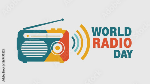 Colorful retro radio receiver emitting waves with World Radio Day text on a light gray background, Vibrant global radio communication