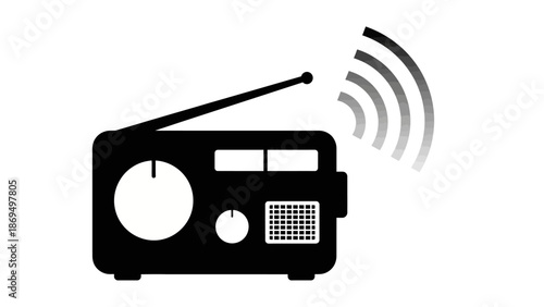 Black Retro Radio Icon Emitting Sound Waves on Isolated White Background
